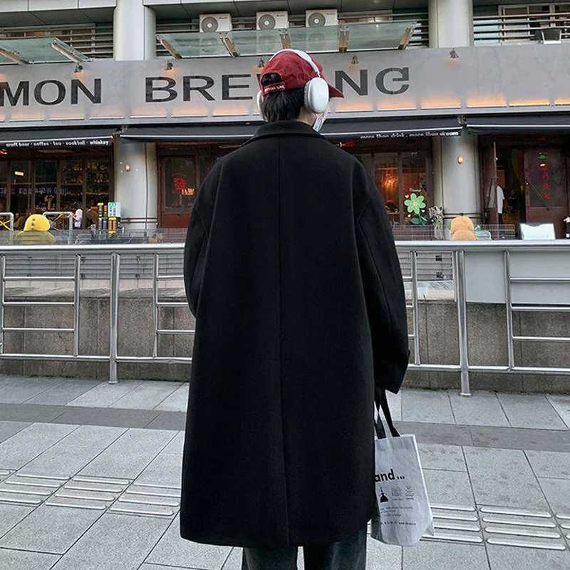 Korean Mens Wool Blend Coat XLong Notched Collar Double Breasted Pea Coat Trench OvercoatT251025