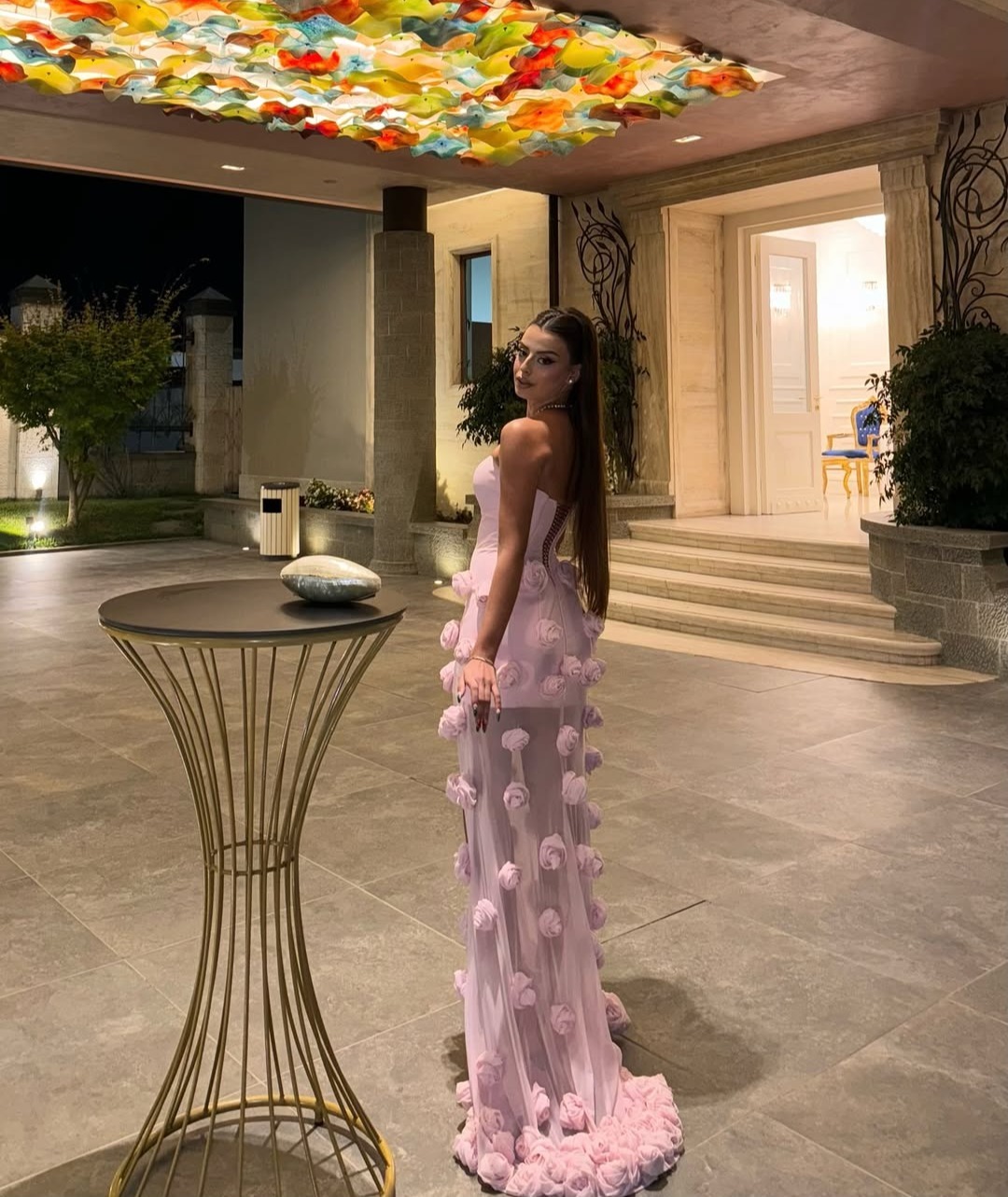 Fashion Evening Dresses 3D Flower Split Side Gown Sweetheart Neck Sleeveless Sweep Train Dress Party Customized Dress