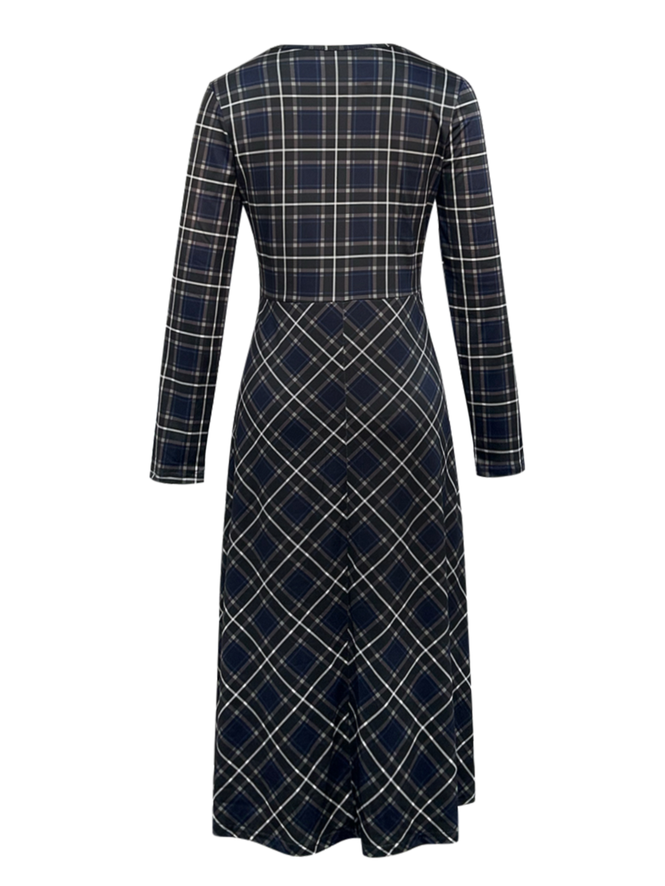 Autumn Winter Women's Fashion Plaid Printed Versatile Commute Style Office Lady Work & Party Midi Dress, Milk Silk Sea Blue Dress, S-XXL---CF5536