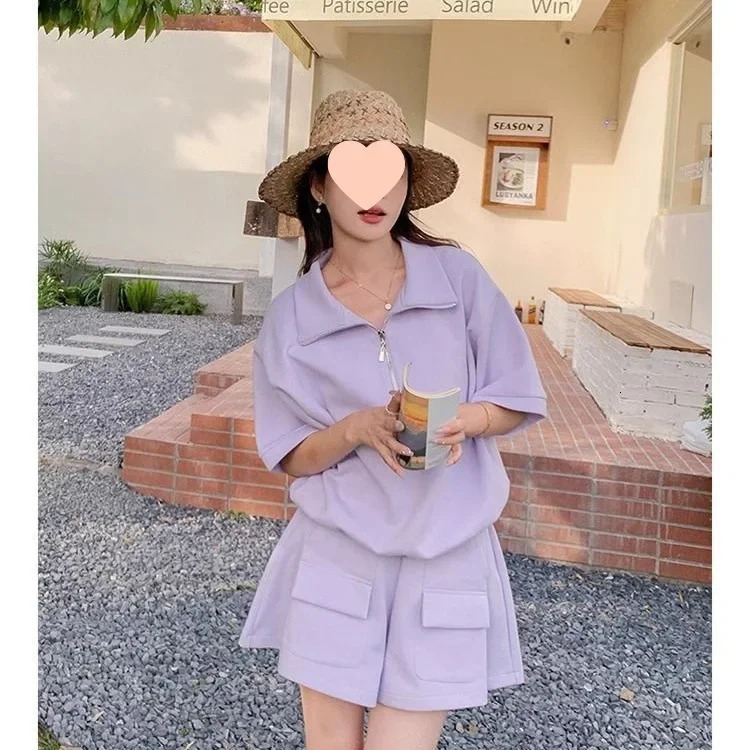 Fashionable Sportswear Set Loose Fit Short Sleeve Cotton Blend Fabric Korean Style Summer Outfit Two Piece Suit for Women 251020