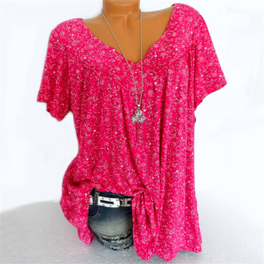 New Women's Fashion 2025 Summer V-neck Loose Short Sleeve Printed T-shirt