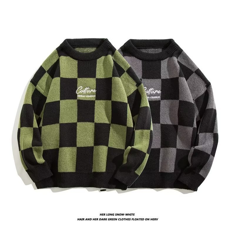 Green Checkerboard Sweater Knitted Sweater Plaid Round Neck Designer Sweater Loose Sweater Unisex Spring Autumn Lazy Style Design Sense Small