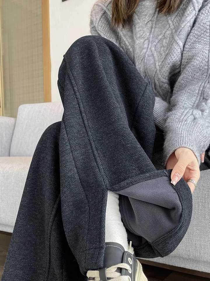 Women Wide Leg Pants Simple Office Lady Plush Thicken Autumn Winter Harem Trouser Solid Casual Harajuku Female Lace Up Pants NewT251025