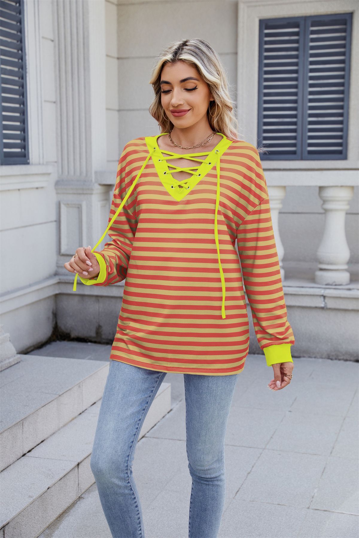 2025 Autumn Winter New Fashion Striped Top Womens Loose Tie Sweatshirt