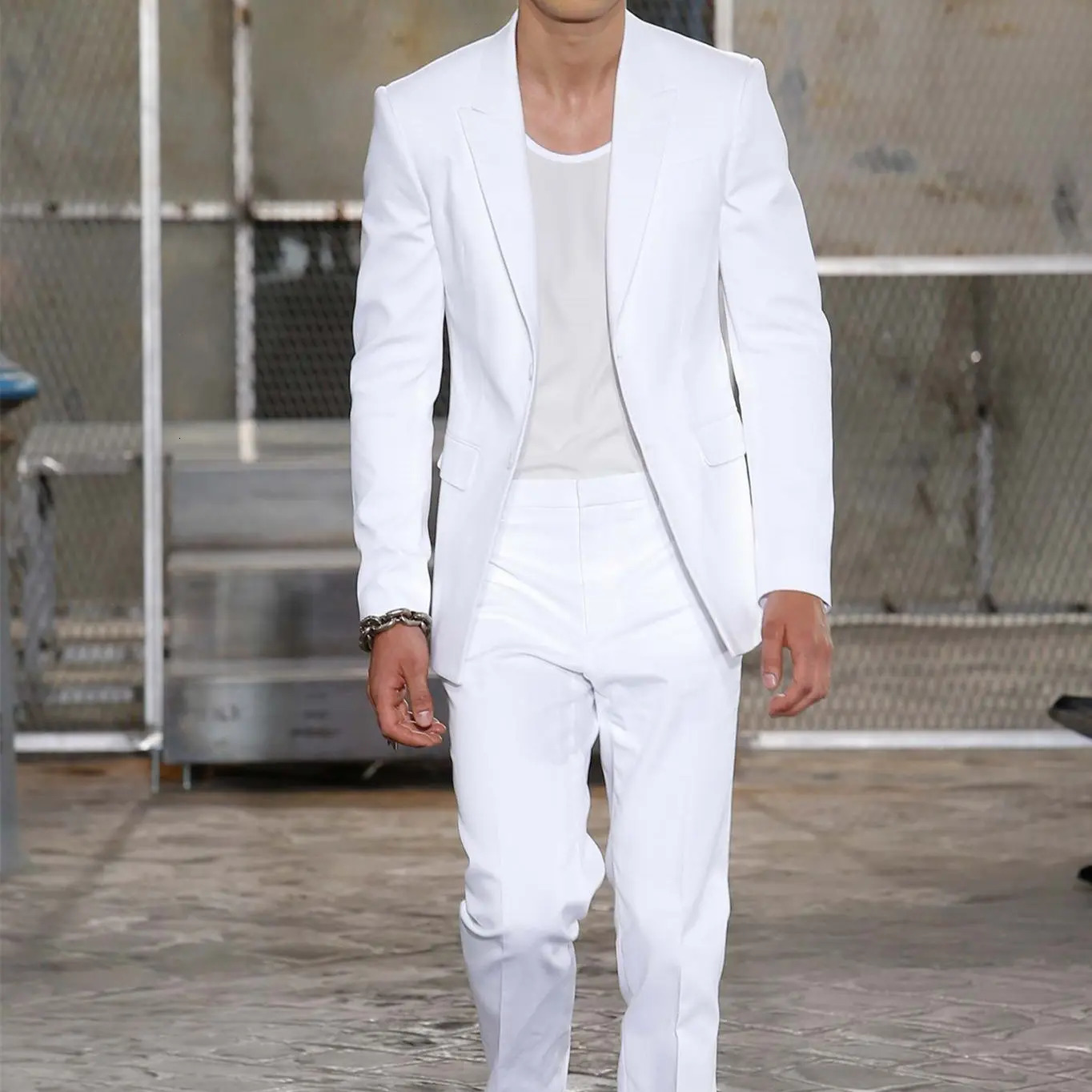 Summer Long Jacket White Trousers Groom Tuxedos Wedding Suits for Men Peaked Lapel Man Blazers 2 Pieces Coat Pants Prom 251020