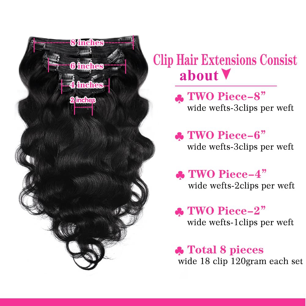 Body Wave Clip Ins 8Pcs Remy Human Hair 8-30 Inch #1B Natural Black Real Human Hair Clip in Wefted Pieces for Women Soft Silky Texture