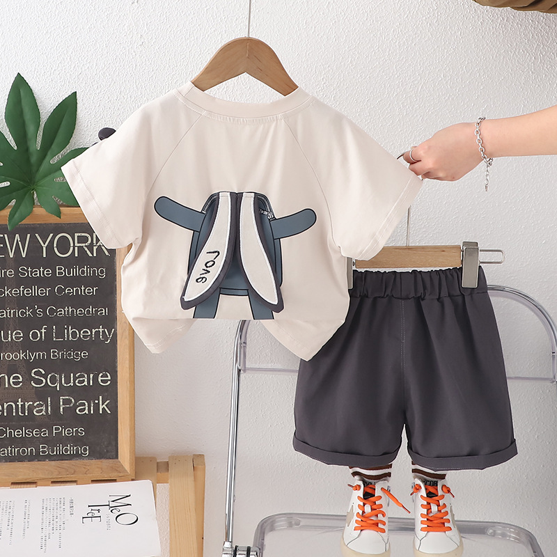 Free Shipping 2025 Boys Summer Clothes Set Rabbit Print Short Sleeve Two-Piece Outfit Korean Style Shorts Set
