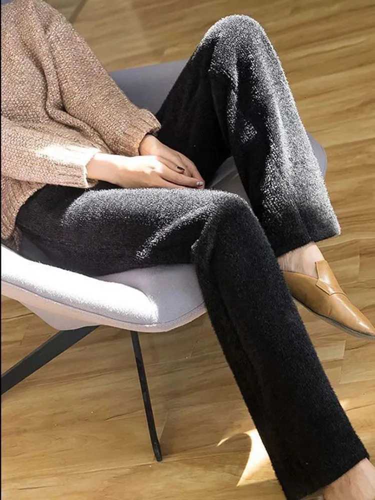 Warm Imitation Mink Knitted Pants Casual Womens Winter Thick Wide Leg Trousers Korean Fashion Plush Velvet Oversize 5xl PantalonT251025