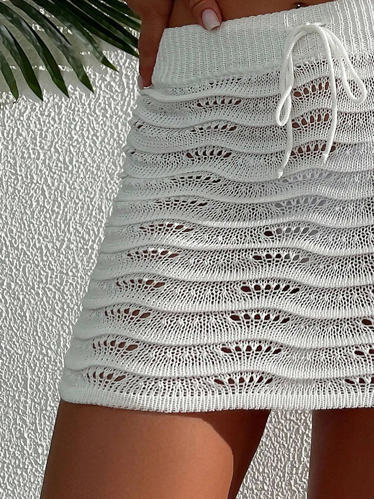 Beach Fashion Elegant Skirt Solid Color Hollow Bikini Blocked Knitted Short Skirt 251020