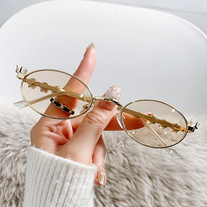 Cross-Border New Viral Street Style Sunglasses Unique Metal Y2K Diamond-Studded Oval Small-Frame Glasses Direct from Manufacturer