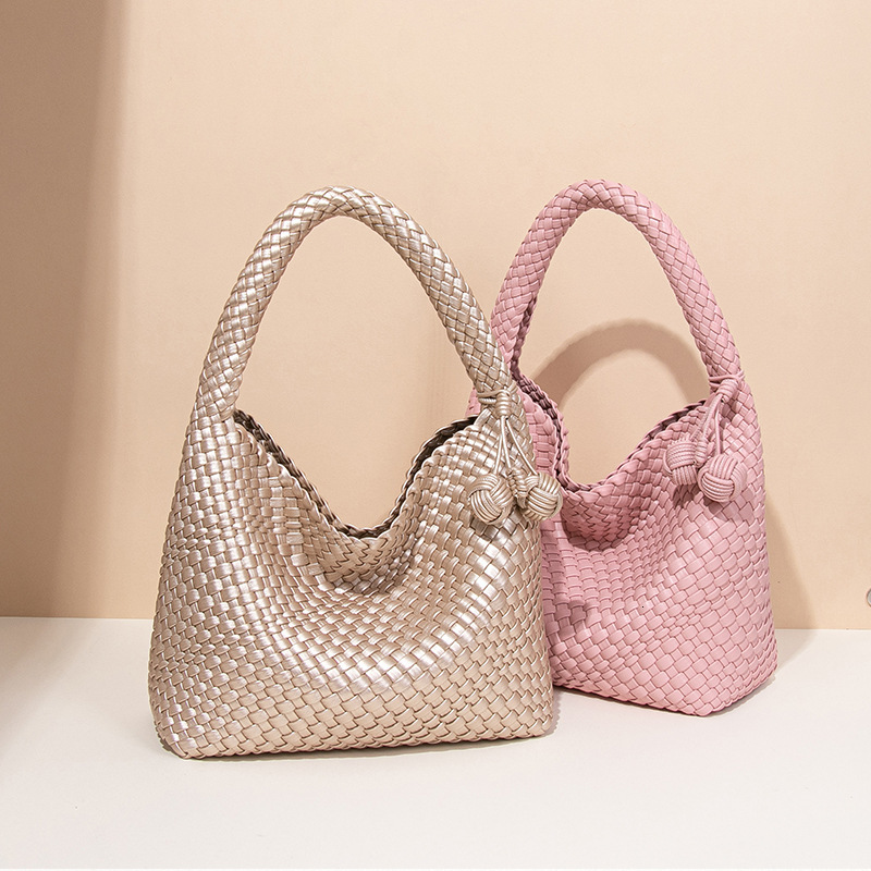 Live Trend Champagne Gold Woven Large Capacity Shoulder Tote High-end Handbag Underarm Bucket Bag