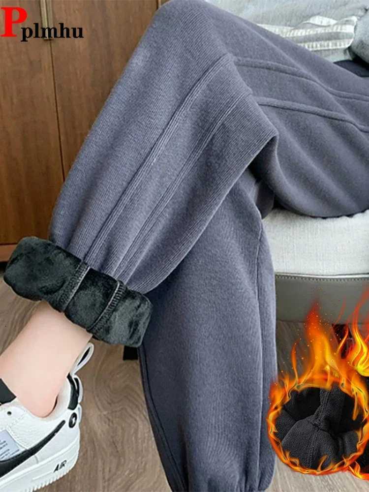 Plush Velvet Lined Jogger Pants Fall Winter Laceup High Waist SweatpantsCasual Baggy Harem Spodnie Korea New Women PantalonesT251025