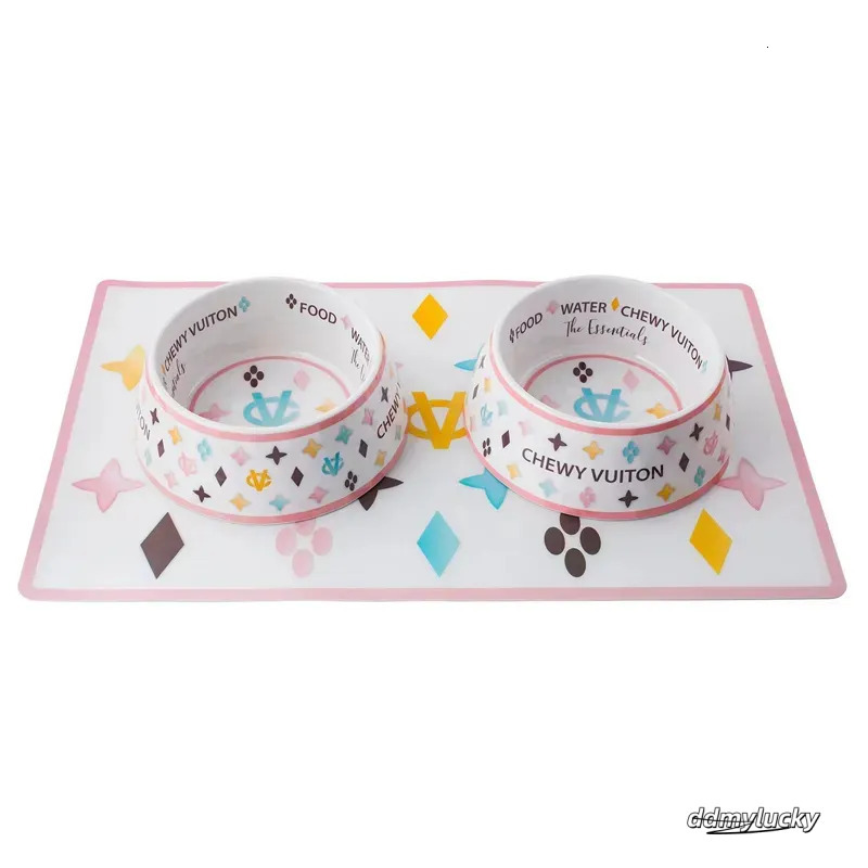 Pet Food Water Bowl Set With Mat - Anti-Slip Melamine Feeding Dish For Cats And Dogs, Wide Base Ddmylucky