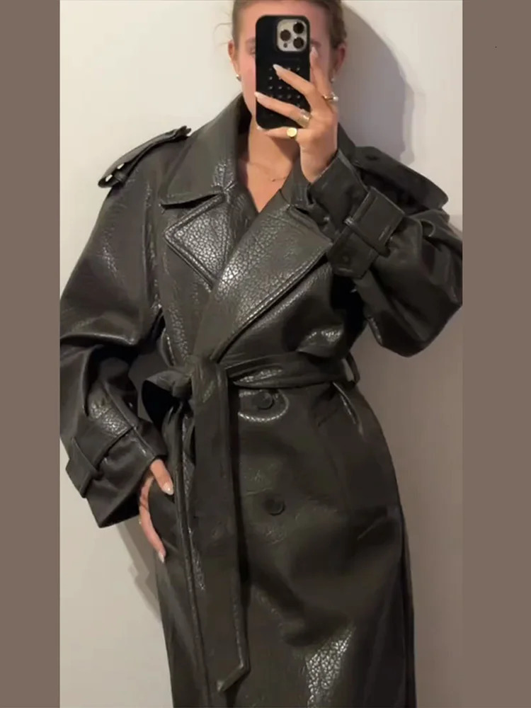 Double Breasted Lace up Long Leather Coat Woman Long Sleeves Loose Solid Color Casual Jackets Street Womens Early Autumn Coats 251020