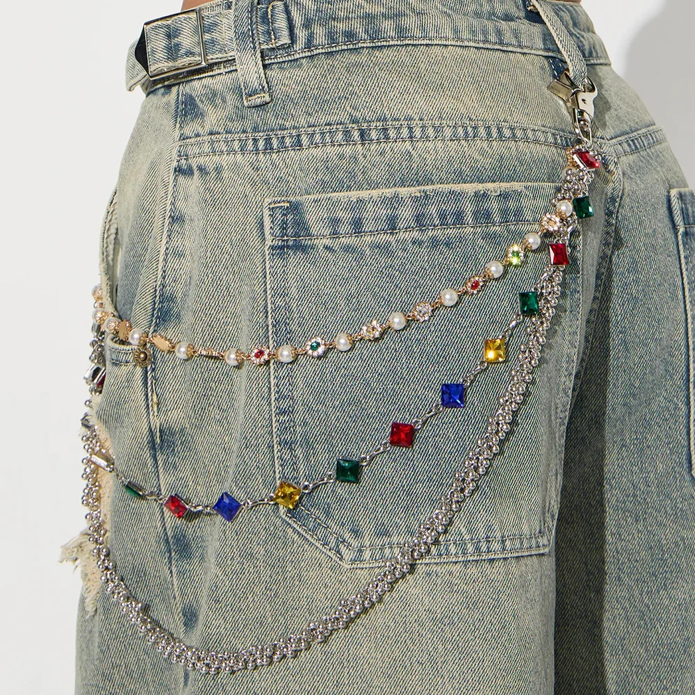 Hip Hop Multilayer Rhinestone Pants Chain Jewelry for Women Men Fashion Grunge Rock Jeans Keychain Wallet Bag Accessories 251023