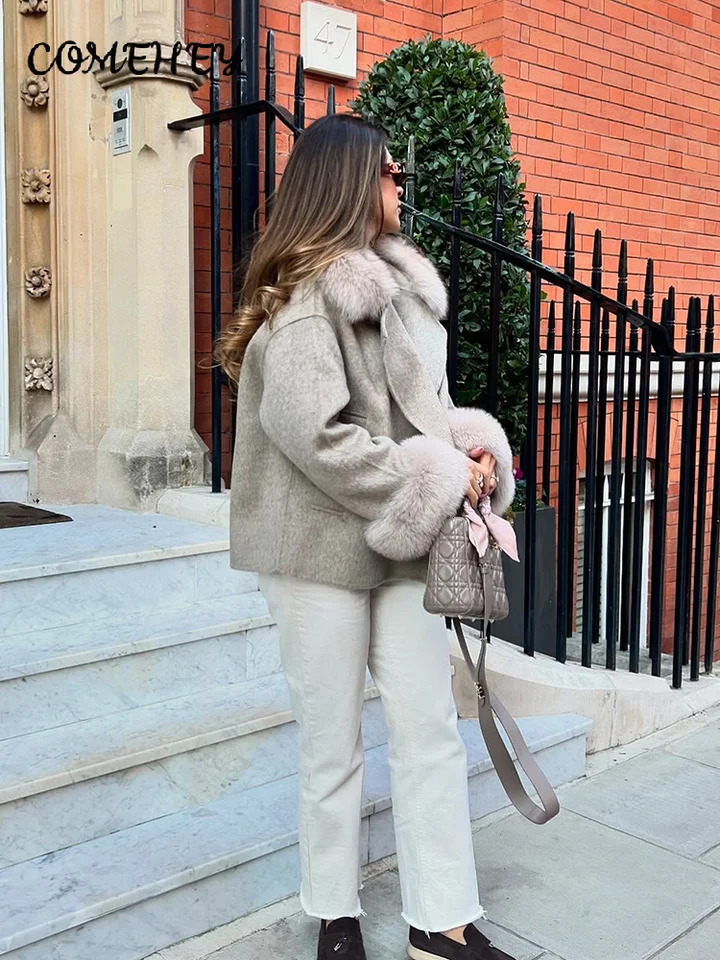 Winter Warm Fur Spliced Woolen Coat Women Loose Lapel Long Sleeve Solid Female Jacket 2025 Autumn Lady Elegant Outwear 251013