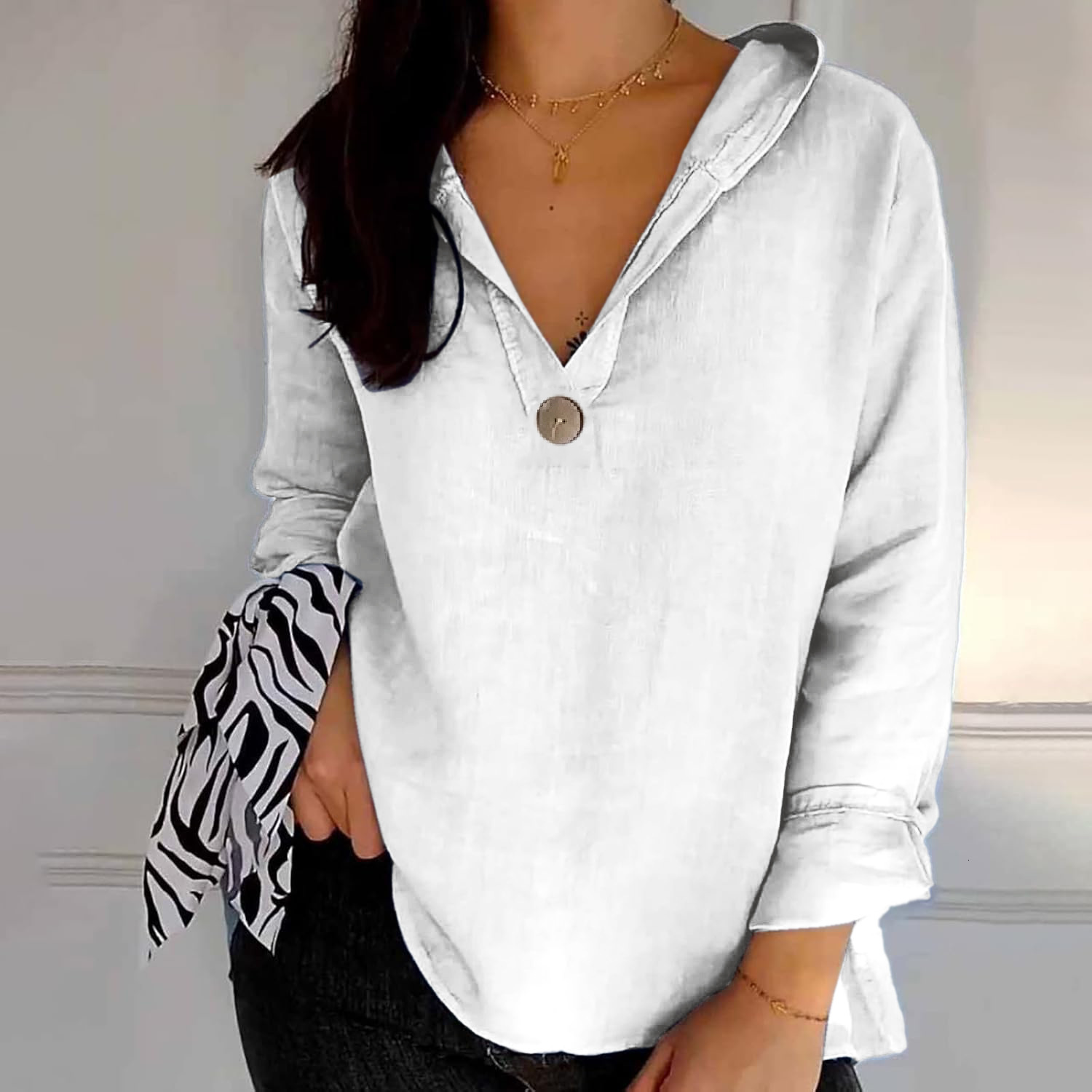 2025 New Womens Hooded VNeck TShirt Loose Slimming Long Sleeve Top