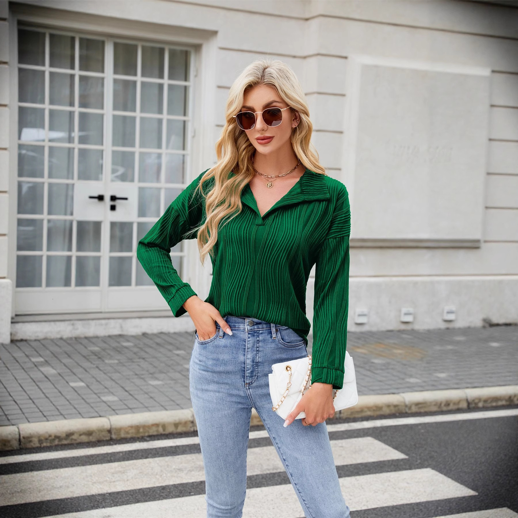 2025 New Womens Clothing Top Casual Vneck Solid Color Polo Shirt Long Sleeve