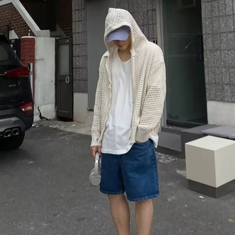 Mens Casual Hollow Coats Breathable Cardigan Sweater Summer Lightweight Hooded Knitted Top Korean Trendy Streetwear Clothe 251020