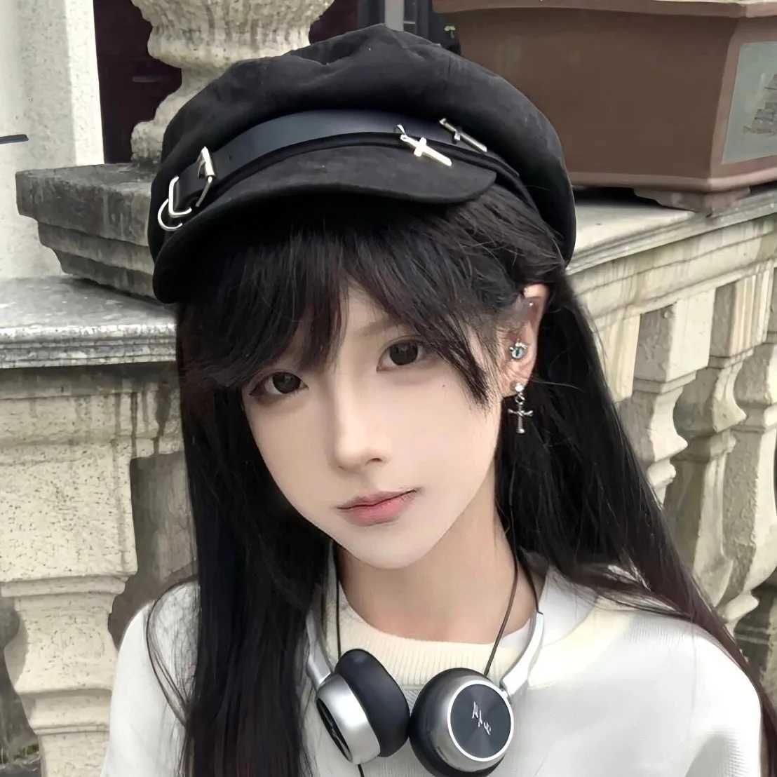 2025 Punk Wen Harajuku Gothic Lolita Beret Hat C Y2K Girls Bow Punk Lace Handmake Decorative Sun Hats with Cross Pendant Y251025