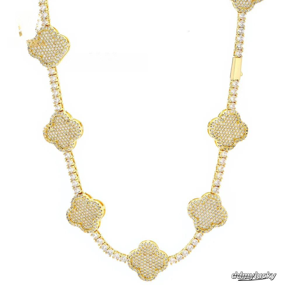 Hip Hop Fine Jewelry Four-Leaf Clover Tennis Necklace Women Gold Plated 3A Zircon Iced Out Bling Dia Chain Ddmylucky