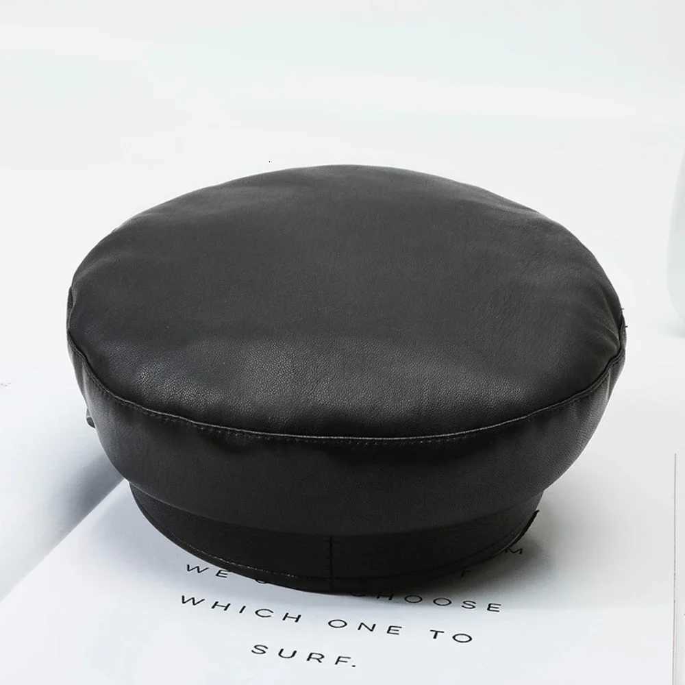 Wen Men Fashion Leather Hat with Belt Buckle Military Beret C Flat Top Sailor Hat Black Autumn Spring Casual Vintage Y251025