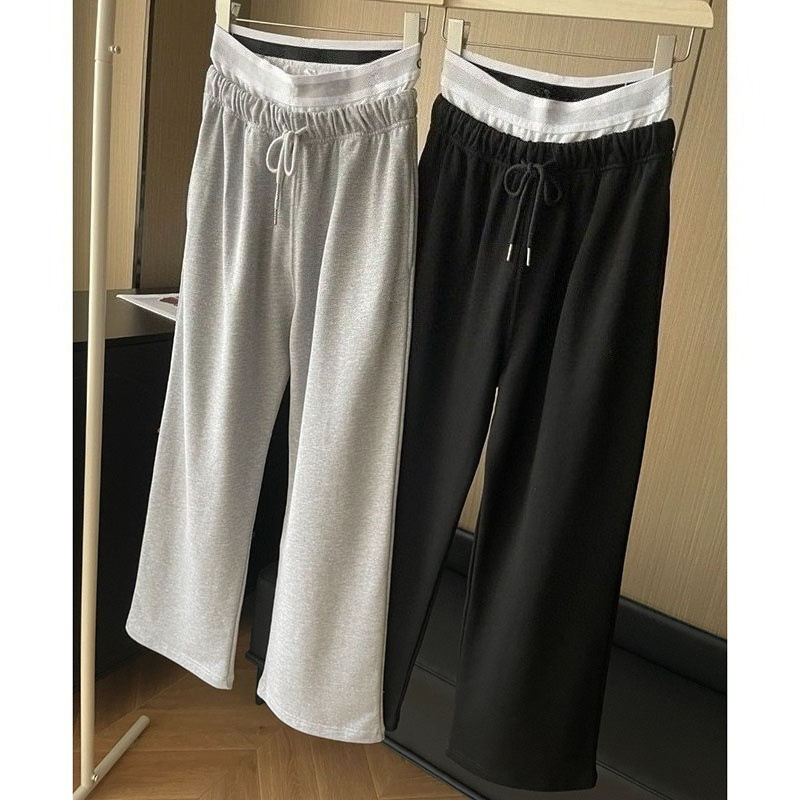 Designer Autumn Women's Yoga Pants with Double Waistband, Elastic Waist, Straight-Leg Casual Pants, Loose Sports Pants, High-Waist Pants, Running