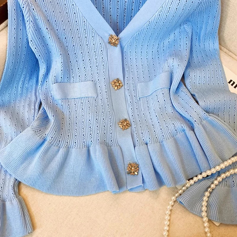 YuooMuoo Women Cardigans Autumn Buttons Vneck Slim Waist Ruffled Knitted Tops Chic Fashion Lady Sweaters Shirts 251020