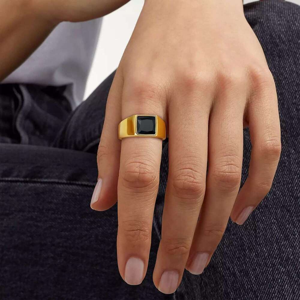 Stainless Steel Signet Black/Blue Gemstone Band Classic Simple Thick Men Ring Size 7 14 - view 4
