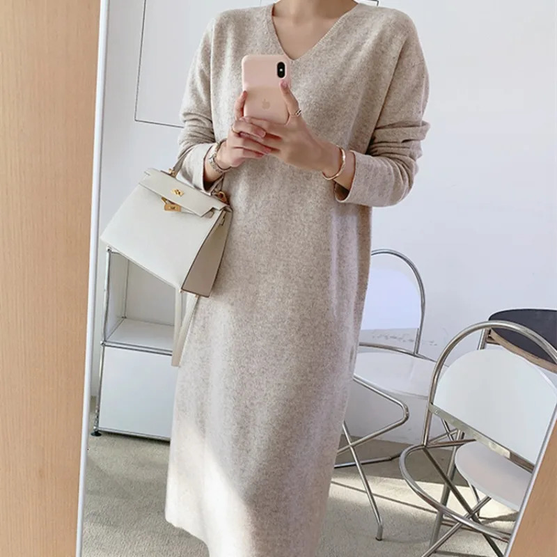 Long Sweater Dress Women Autumn Winter V Neck Knitted Loose Women Maxi Cashmere Dress Korean Style Elegant Dresses 251023