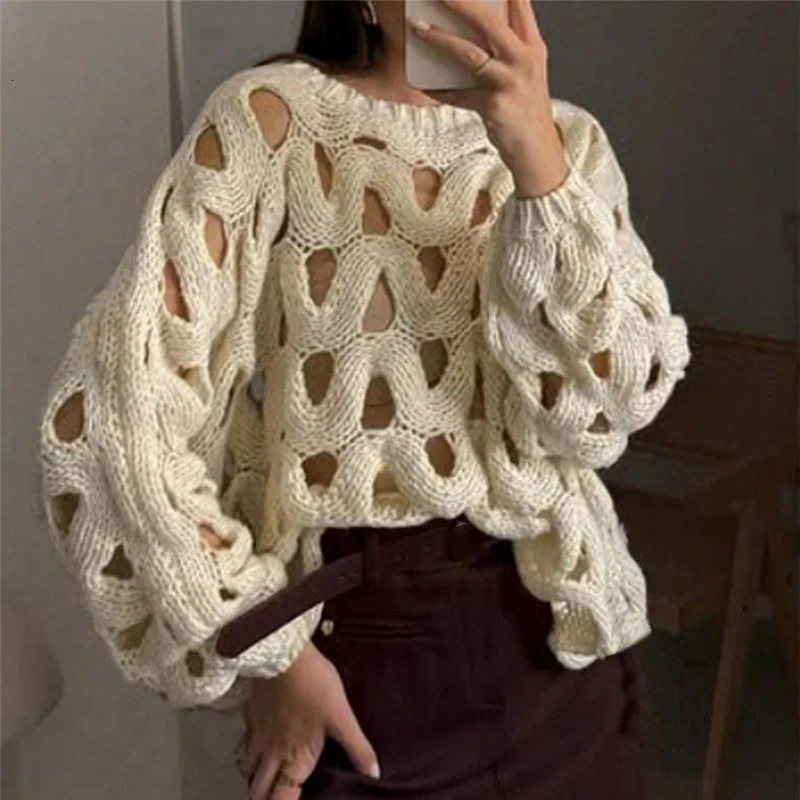 Sexy Hollow Out Long Sleeved Knitted Sweater Summer Beach Oneck Crochet Pullover Casual Solid Color Womens Loose Top Blouses 251021