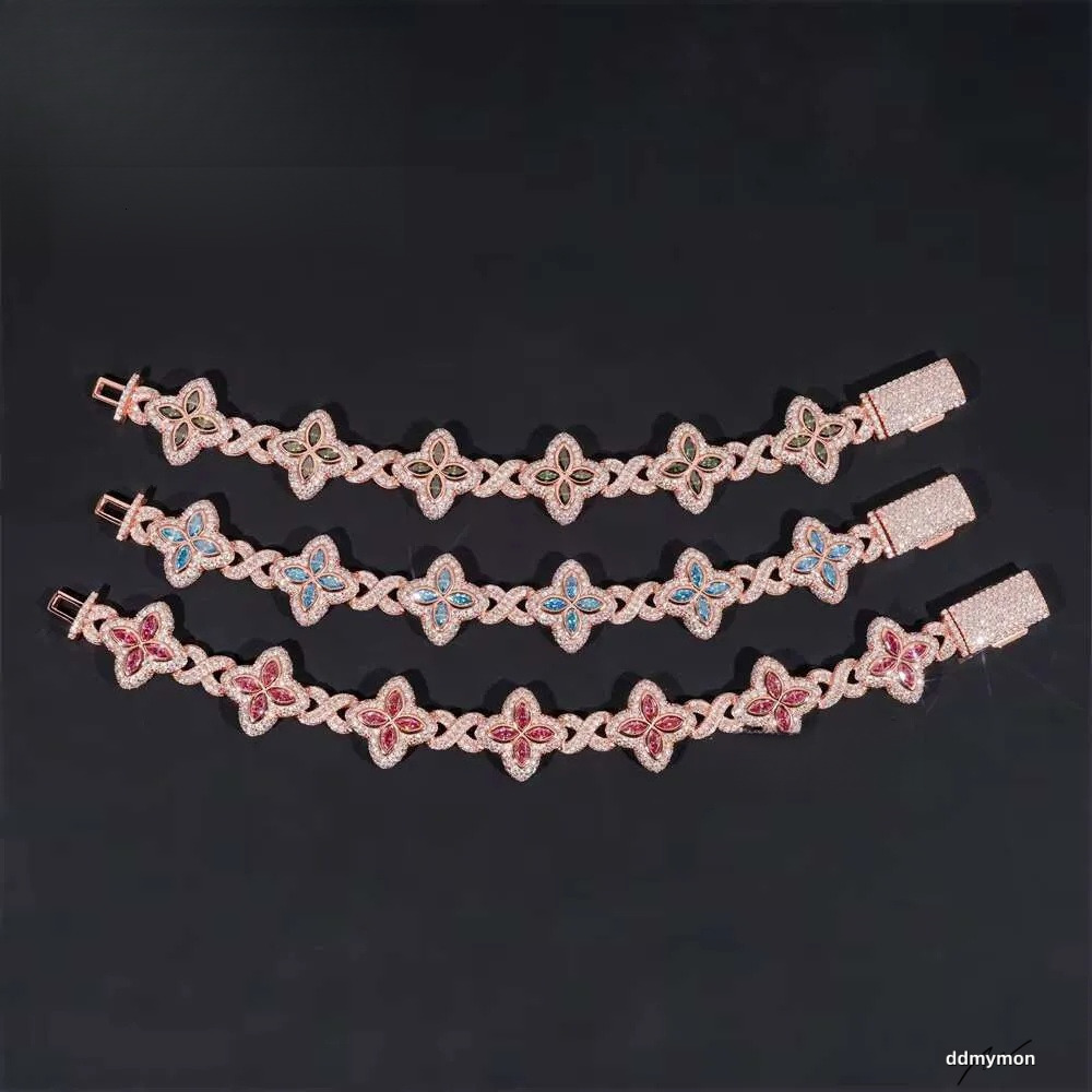 Rich Color Flower Design 18Mm Custom Iced Out Hip Hop Unisex Jewelry Cuban Link Chain Sier VVS Moissanite Bracelet Ddmymon