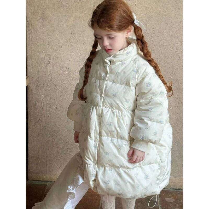 Winter Girls' Coat Warm New Small Floral Long Style Kids Clothing Casual Loose Children's Outdoor Cotton Jacket Rm117