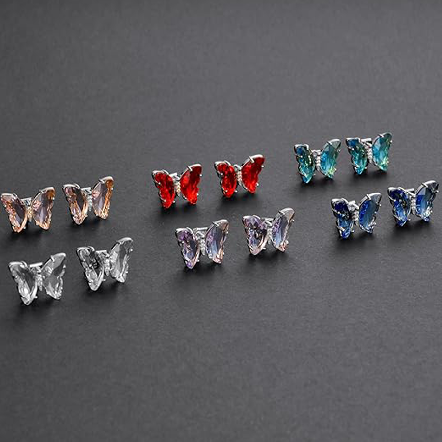 6 Pairs Butterfly Shape Crystal Clip on Earrings Non Pierced Stud Multicolored CZ Earrings for Women Silver Tone