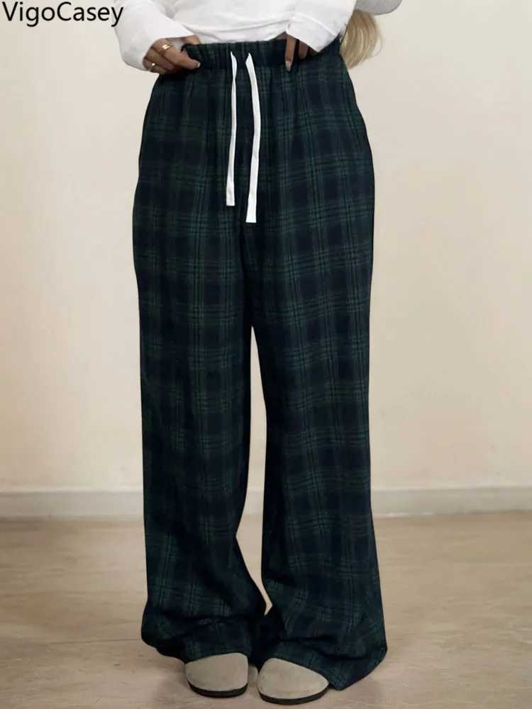 VigoCasey 2025 Women Plaid Print Pants Casual High Waist Wide Leg Pants Lady Green Baggy Pants Ladies Autumn Winter TrousersT251025