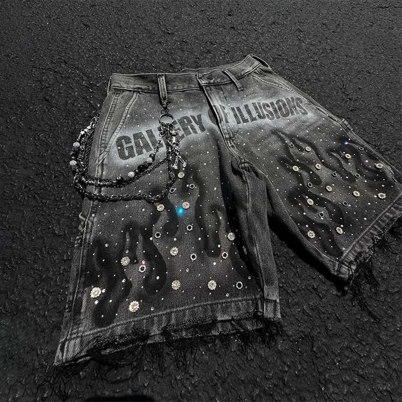 Y2K Fashion Distressed Jeans Retro Rhinestone Flame Pattern Printing Casual Washed Denim Shorts Men Women High Waist StreetwearXJ251025