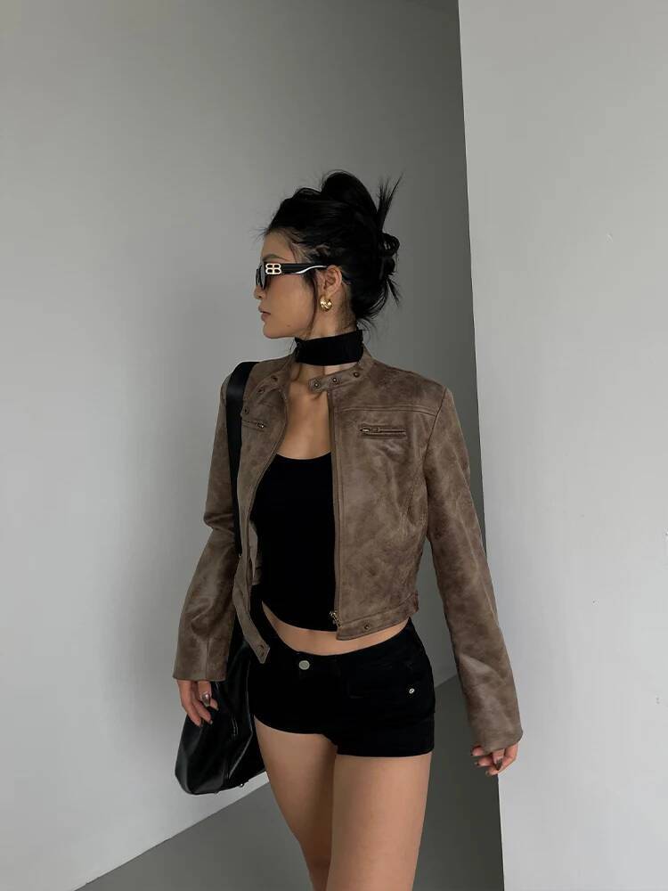 Stand Collar Leather Coat Women Autumn New Straight Tube Slim Short Motorcycle Jacket Korean Sweet D8FN dongdumaoyi