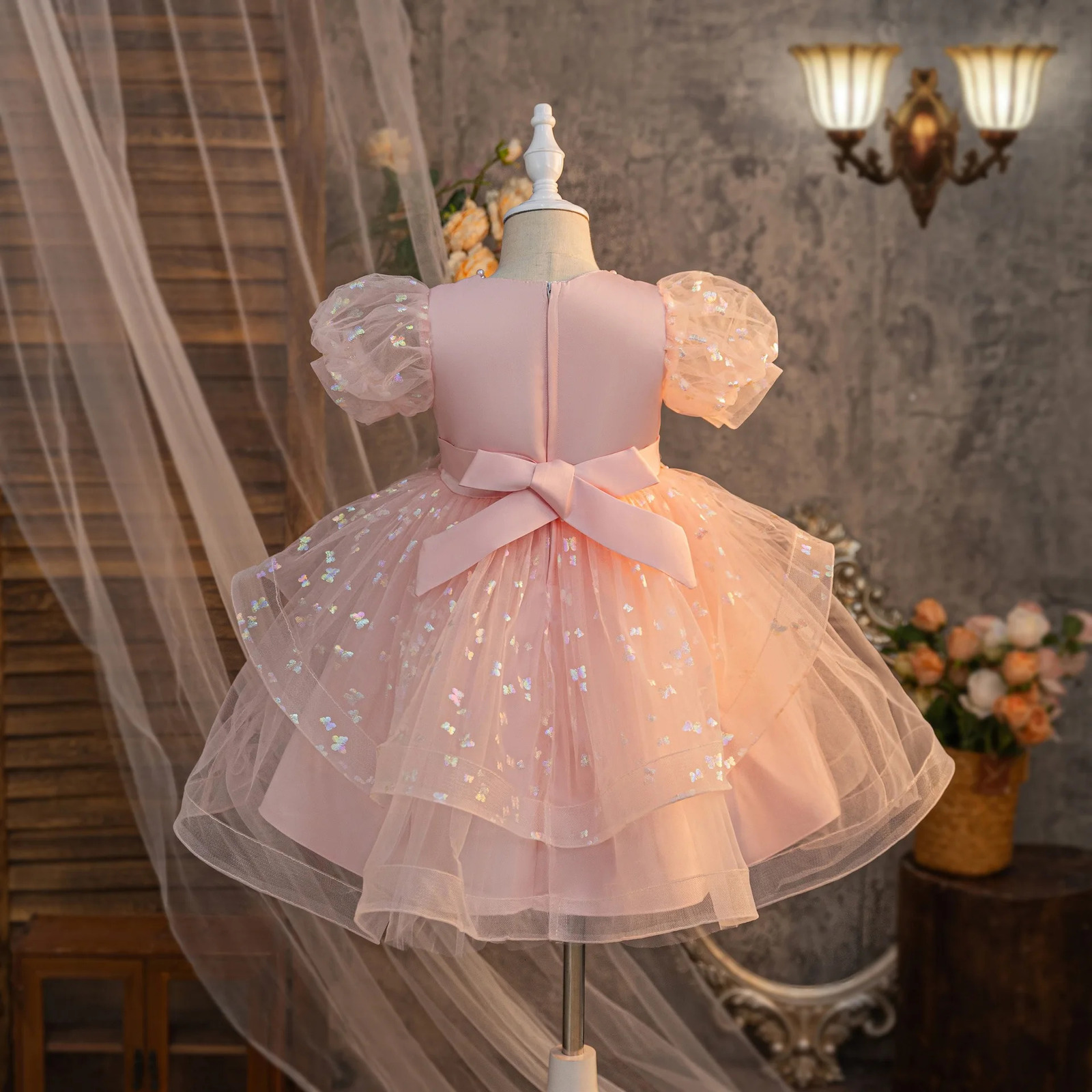 Summer Girls Bow Bead Embroidered Fluffy Skirt Baby Girls Birthday Mesh Dress 251023