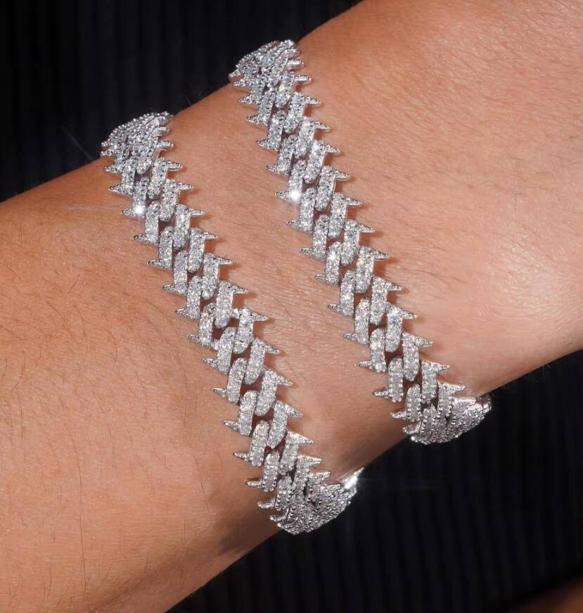 Pass Diamond Tester 925 Silver Hip Hop Jewelry Iced Out VVS Moissanite Diamond Spike Cuban Chain 10MM Bracelet