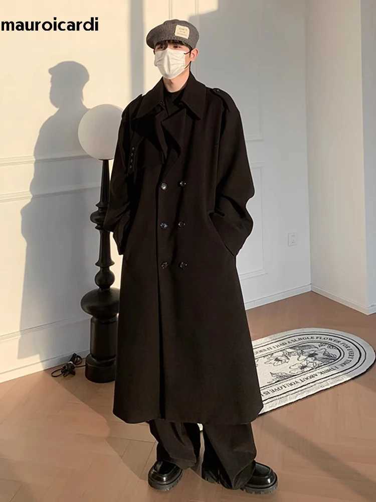 Mauroicardi Autumn Winter Long Oversized Windproof Black Warm Woolen Coat Men Sashes Double Breasted Wool Blends Overcoat 2023T251025