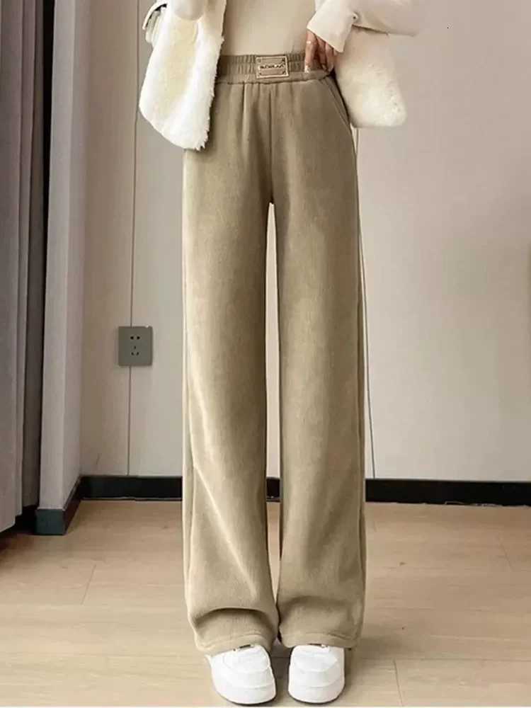 Winter Warm Thicken Lambswool Straight Pants Women Casual Elastic High Waist Fleece lined Wide Leg Pantalones Chic Baggy CalcaT251025