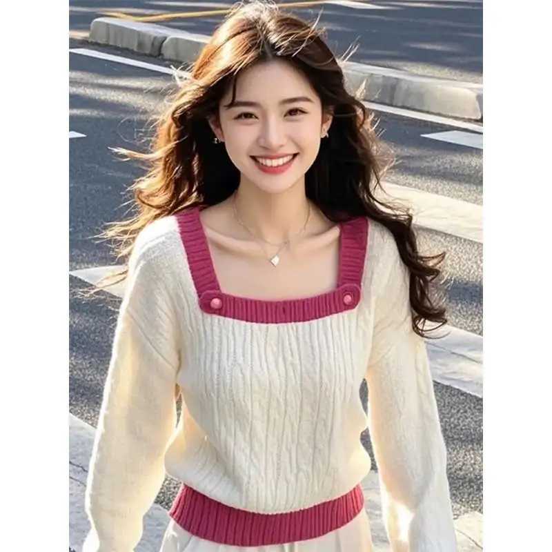 Women Clothing Spring Autumn Fashion Korean Screw Thread Color Blocking Knitting Square Collar Female Appear Thin Sweater PullovT251025
