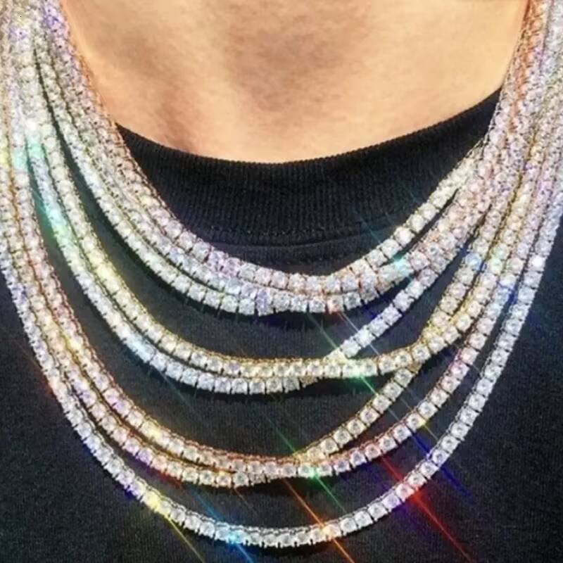 Hip Hop Iced Out D Color White Vvs 925 Sterling Silver 3mm 4mm 5mm 6mm 7mm 8mm Moissanite Diamond Tennis Chain Necklace