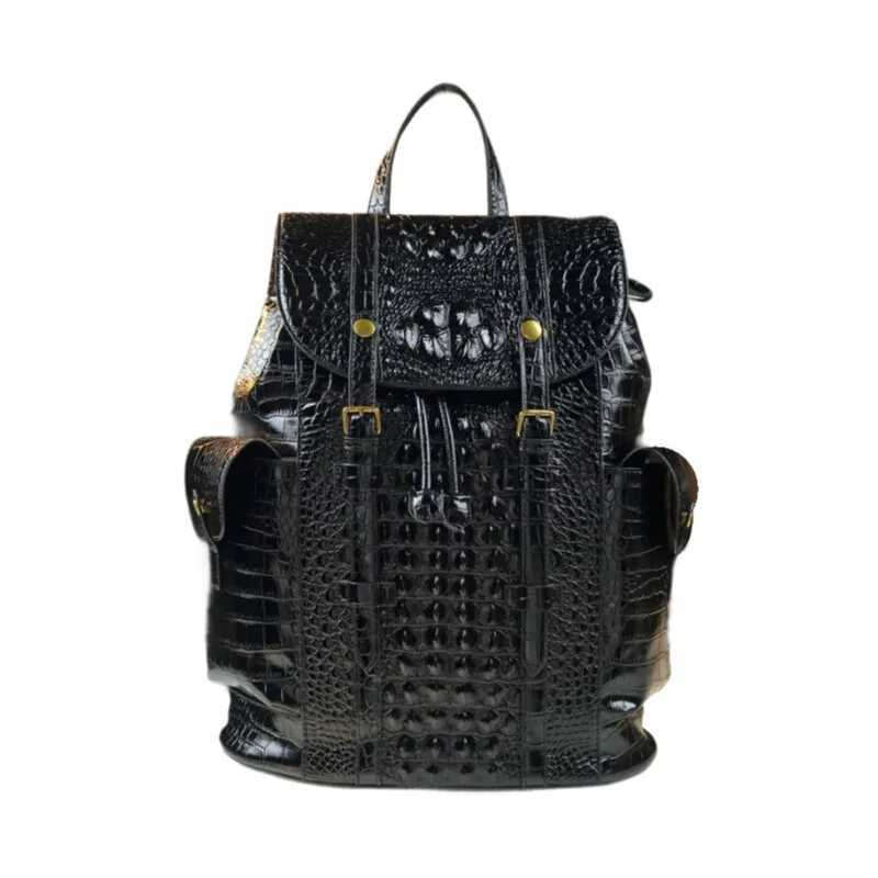 Genuine Cowhide Crocodile Pattern Travel Backpack Unisex Large School Bag for Students Office Workers with AntiTheft Zipper W251025