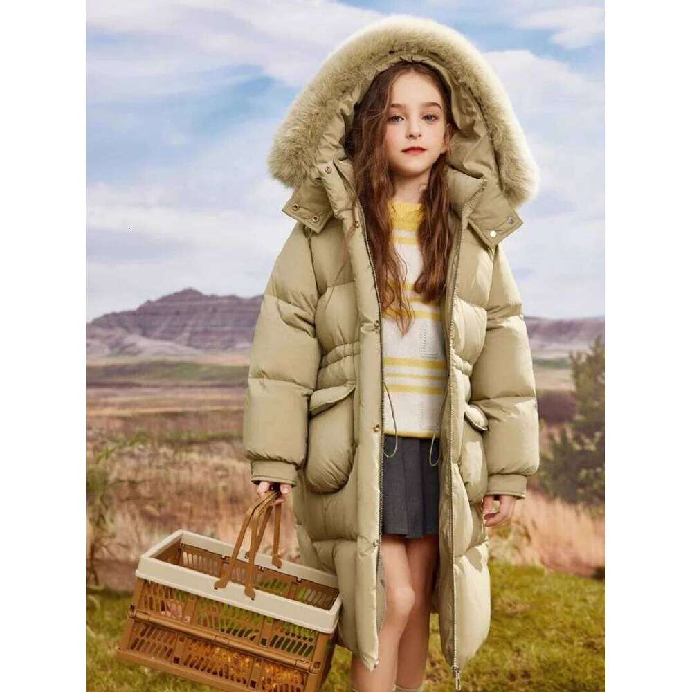 Winter Warm Girls Plain Long Cotton Lined Faux Fur Hood Zip Puff Jackets School Kids Thick Coats Child Outfit Windbreaker 5-16Yr