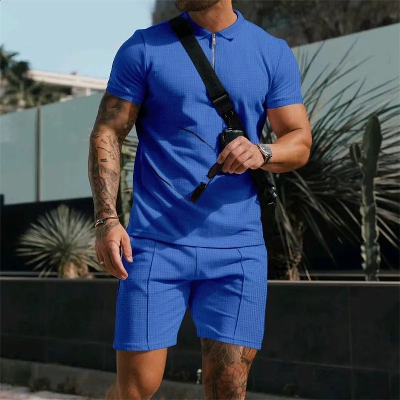 2024 Mens Suit Summer Casual Sportswear Waffle Solid Color Loose Lapels Tshirt and Shorts TwoPiece Set 250520Z