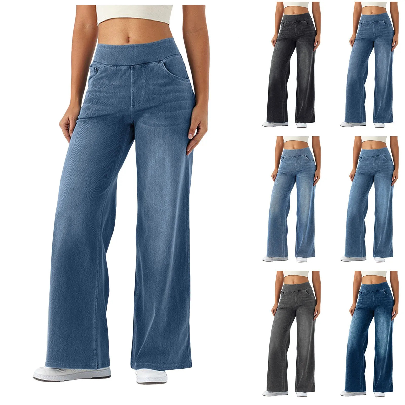 Baggy Ladies Wide Leg Trousers With Elastic Waistband High Waist Stretch Vertical Tube Trousers Stylish Womens Casual Pants 251023