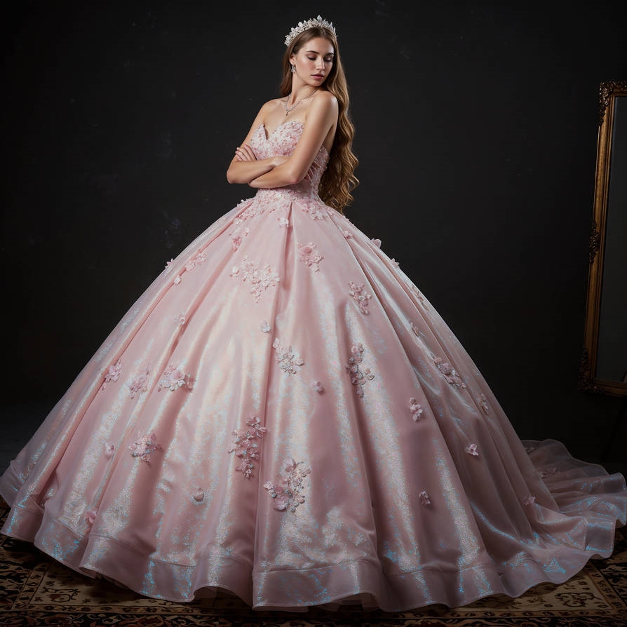 2026 Shiny Pink Ball Gown Quinceanera Dresses 3D Floral Appliques Sweetheart Long Princess Sweet 16 Dress Birthday Party Boutique Dress For Junior Gir