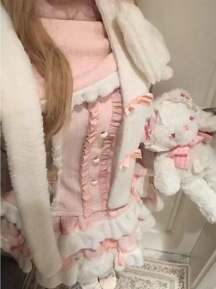 Winter Sweet Lolita Princess Kawaii Bow Pink n Slimming Womens Suit Y2k Elegant Warm Two Piece Set Japanese Outfit 251016