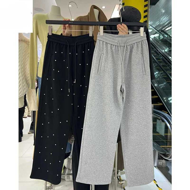 Korean Version of Loose Wideleg Fleece Sweatpants 2024 Womens Winter New Hot Diamond Design Versatile Casual PantsT251025